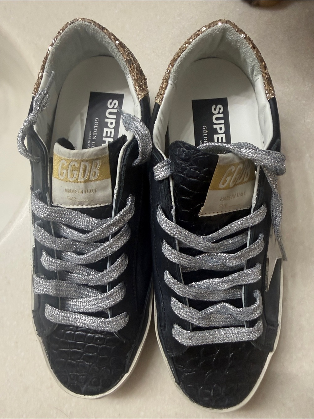 Golden Goose Black Sneakers with Silver Laces and Gold Heel Trim